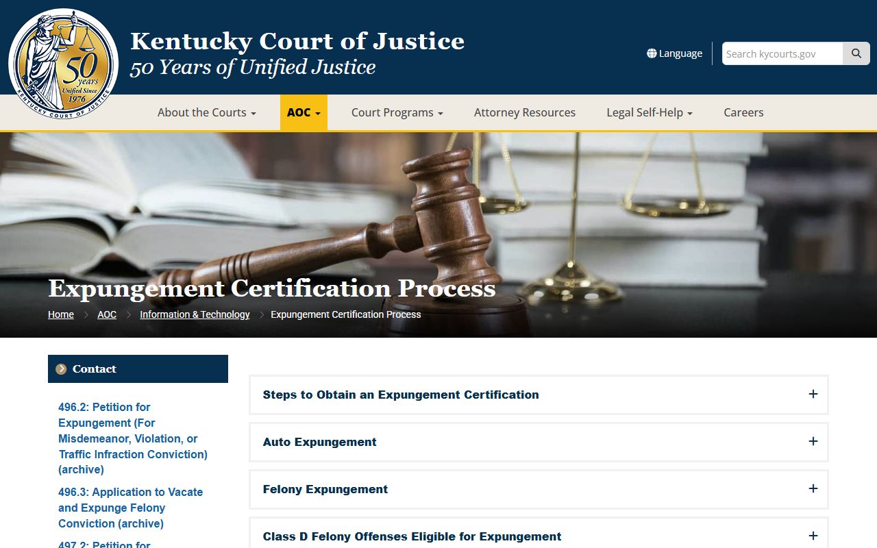 Bullitt County criminal court records Kentucky expungement certification