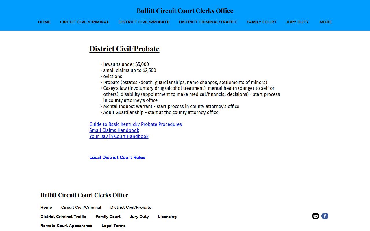Bullitt County Circuit Court and District Civil Probate records page