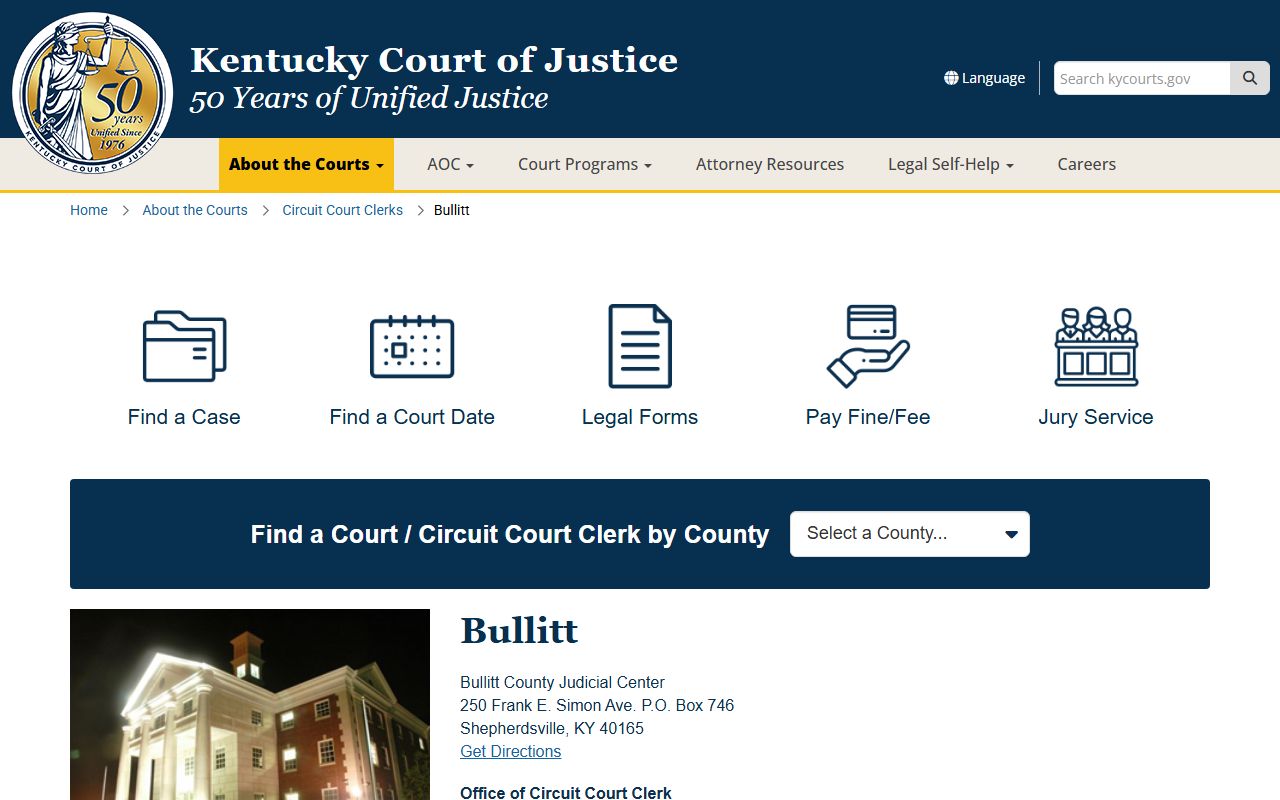 Bullitt County court records Kentucky Court of Justice county page