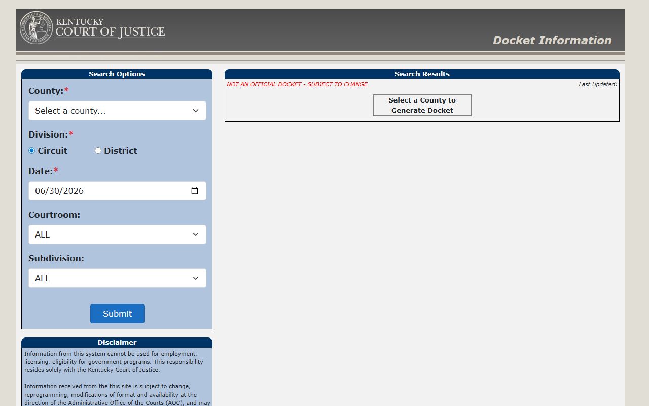 Bullitt County court dockets Kentucky public docket portal