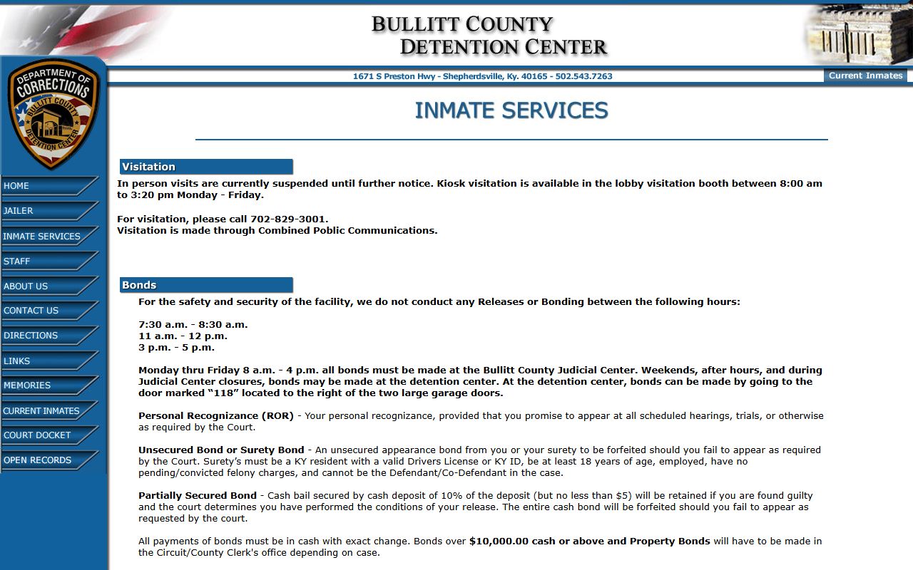 Bullitt County inmate records Detention Center inmate services