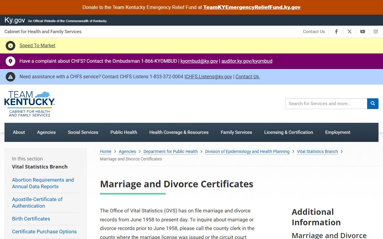 Bullitt County marriage and divorce records Kentucky vital statistics page