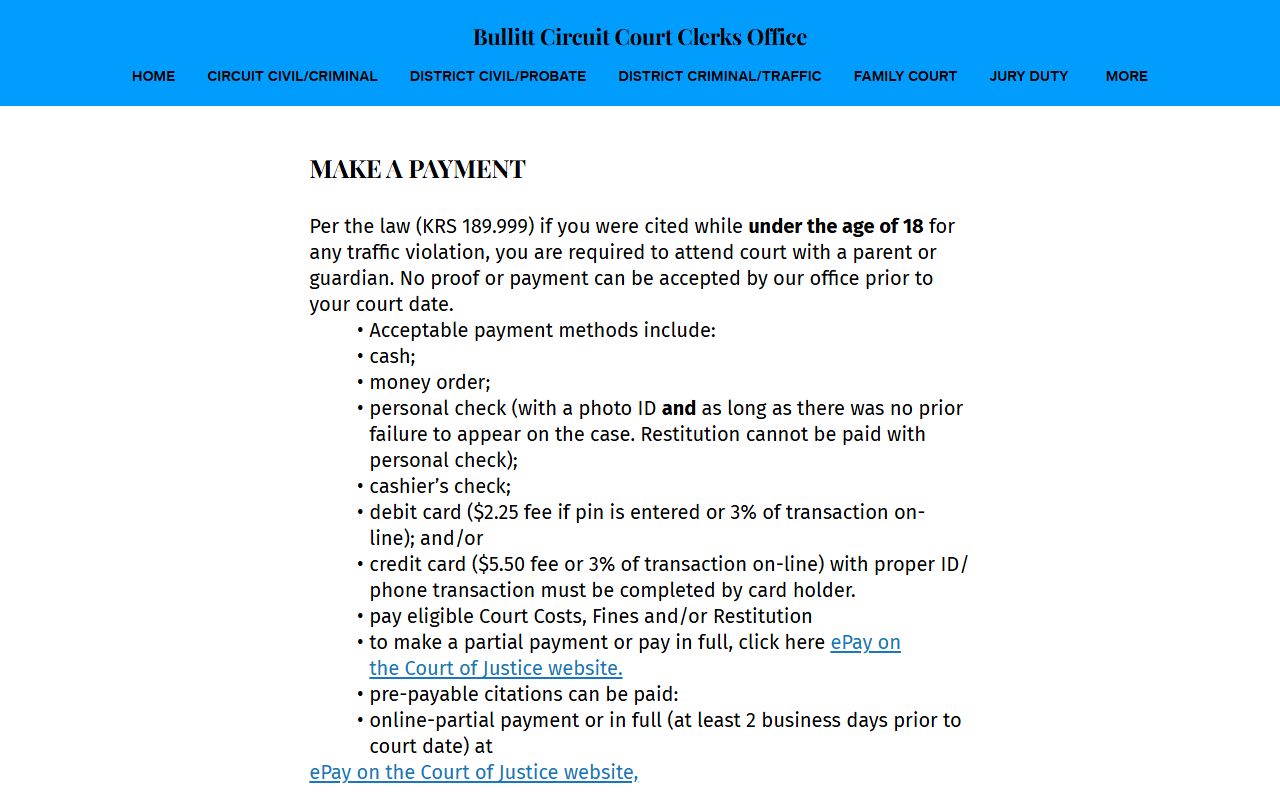 Bullitt County traffic court records clerk payment page